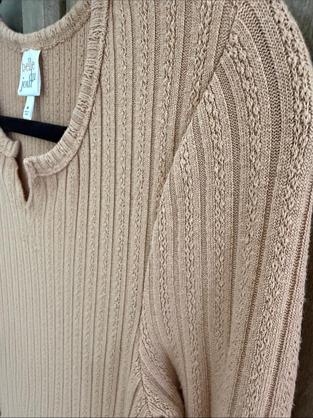 Ribbed Scallop-Edge Long Sleeve Top - Tan